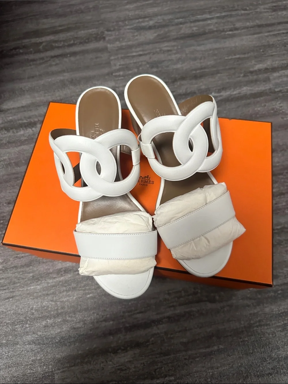 Hermes White Leather Slide Mules